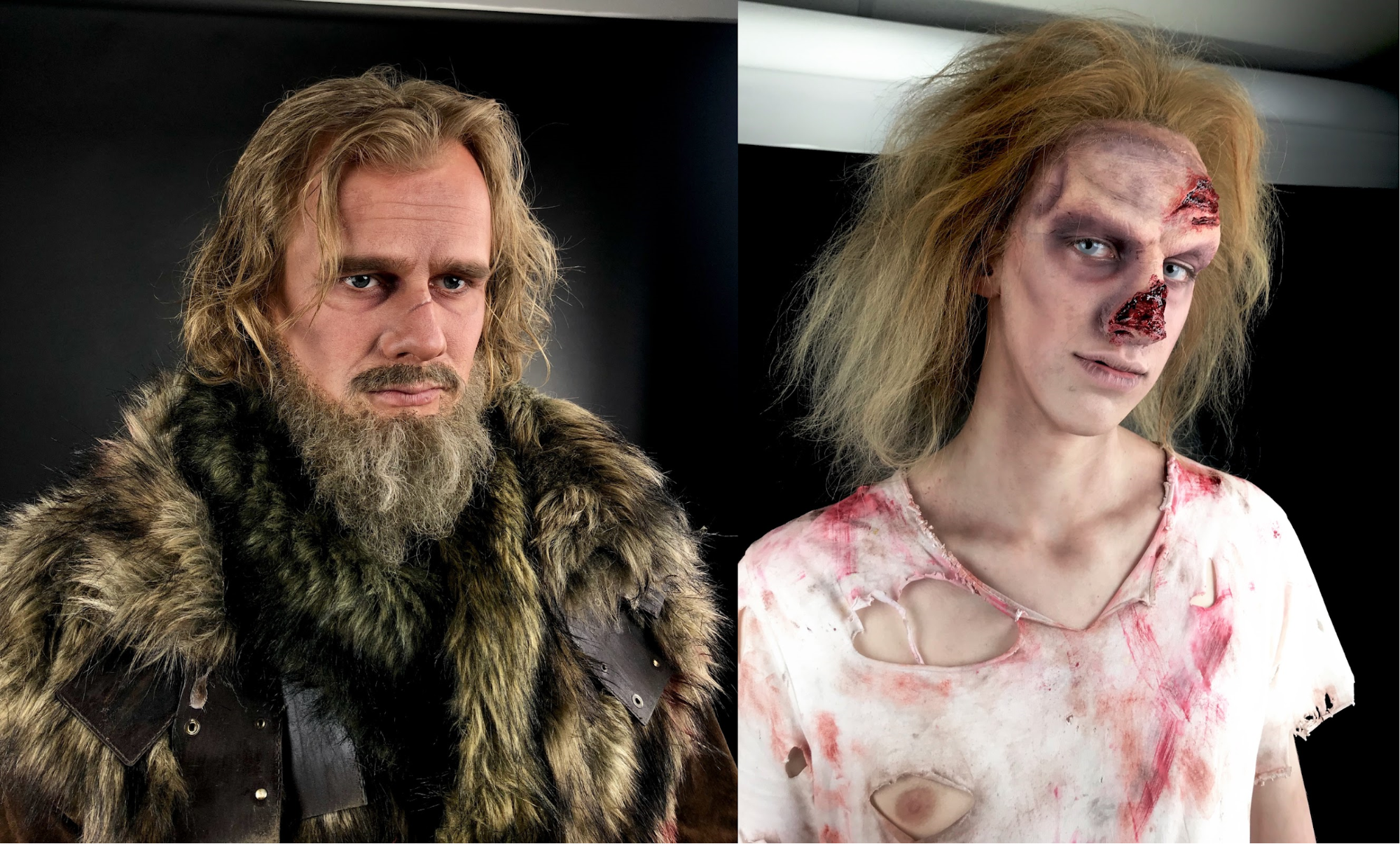 Grimmikooli eksamitööd. Vasakul: The Revenant - Hugh Glass (habe ja vuntsid on Rosanna tehtud), foto autor Janika Olup; paremal: Zombie (Rosanna tehtud on mask ja parukas), foto autor Rosanna Arba